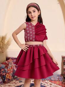 青少年女孩传统文化堆叠设计上衣 + 泡泡裙 2 件套 - 酒紅色 - 查看 1