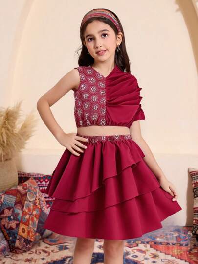 青少年女孩传统文化堆叠设计上衣 + 泡泡裙 2 件套