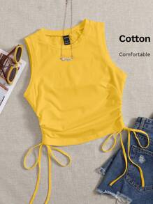 SHEIN EZwear Solid Round Neck Casual Drawstring Side Crop Tank Top