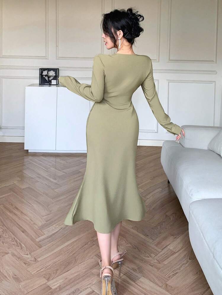 Plain Asymmetric Draped Midi Dress For Women,Fall Dress Long Sleeve Dress