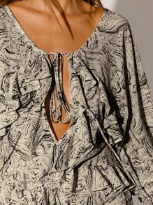 Aralina 休闲秋冬花卉 Y2K 褶边分层飘逸廓形波西米亚风格长袖迷你连衣裙早午餐教堂装 - 深灰色 - 查看 3