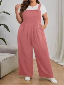 SHEIN CURVE+ بدلة نسائية مريحة مقاسات كبيرة من اللون الأحادي ذات أربطة قابلة للتعديل - وردي مغبر - مشاهدة 5