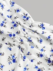 Girlism Tween Girls Ditsy Floral Print Ruffle Trim Ruched Bust Two Layer Hem Dress, Back-To-School Outfit, Cute, Holiday Family Outdoor Spring Picnic Everyday Wear, Suitable For Various Occasions Holiday Outfits - Blue and White - View 5