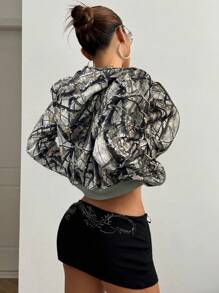 StreetHx Women Branch Print Hooded Long Sleeve Zip Front Sweatshirt Pullover Fall - Multicolor - View 2