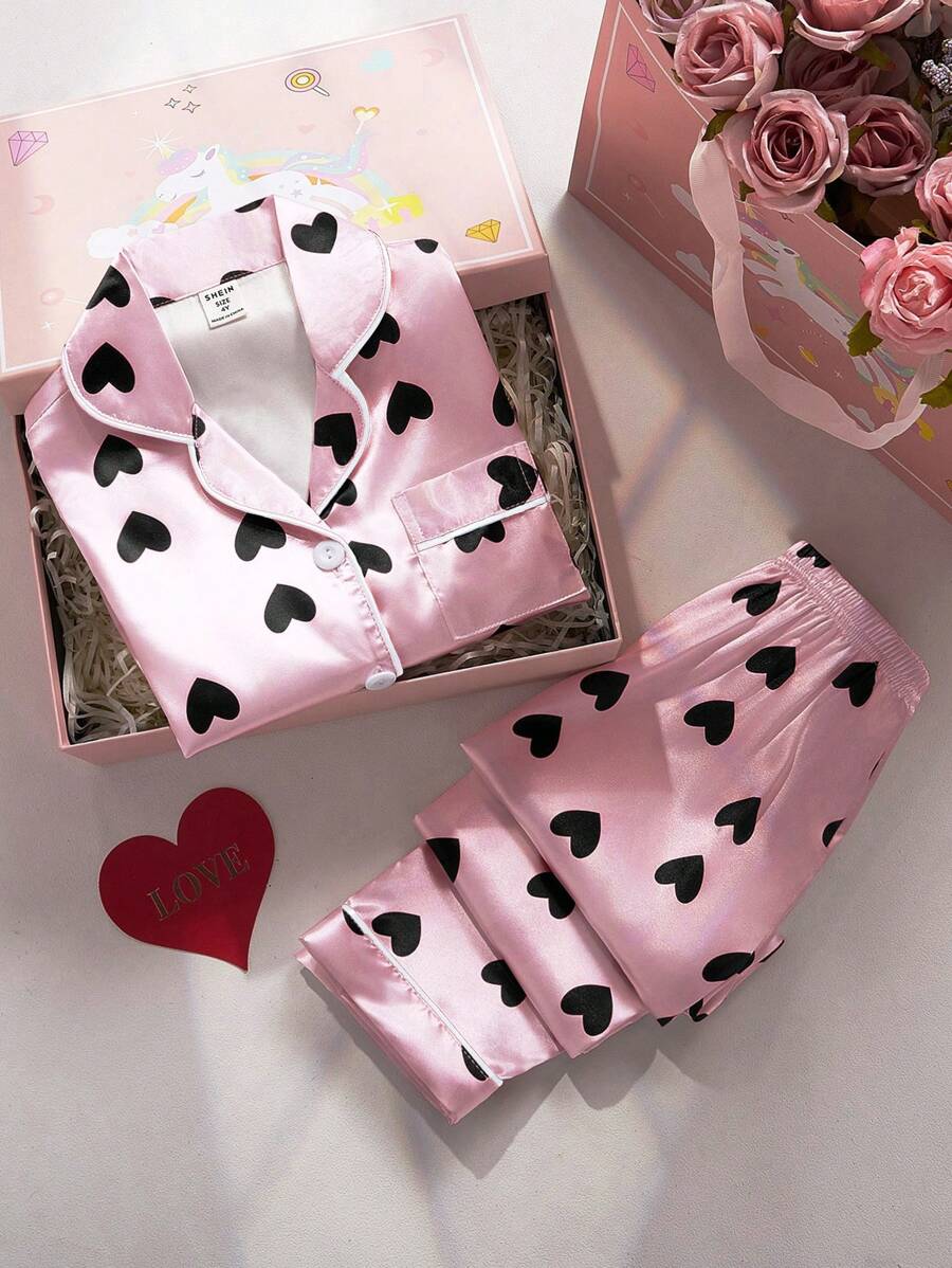 2 件圣诞心形图案女童休闲柔软面料长袖睡衣套装