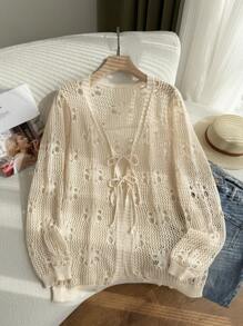 SHEIN Privé New Loose Crochet Lace Tie-Front Open Cardigan, European And American Casual Style, Suitable For Beach/Resort, Spring/Summer Women