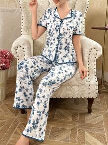 CottageSlumber Women Floral Print Short Sleeve Top And Long Pants Pajama Set, Loose Fit Holiday Season, Bountiful Floral Splendor  Cozy And Elegant Details - Blue - View 5