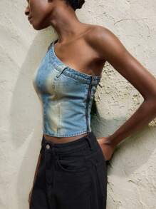 Maija 女装牛仔上衣 复古蓝 斜肩 春夏牛仔上衣 - 中等水洗藍 - 查看 3