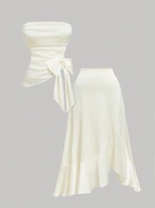 SHEIN MOD Váy Maxi Maxi Không Dây Nơ Màu Mơ, Bộ Trang Phục Thanh Lịch Cho Nữ Cỡ Lớn - Màu be - Xem 1