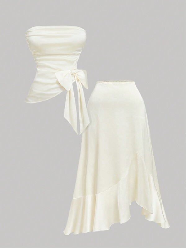 SHEIN MOD Falda larga con lazo sin tirantes en color albaricoque, conjunto elegante para mujer de talla grande