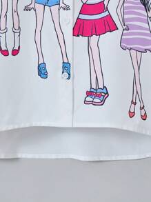 Blusa de botones con mangas abullonadas, cuello y estampado de niña de estilo Y2K casual para niñas preadolescentes - Blanco - Ver 6