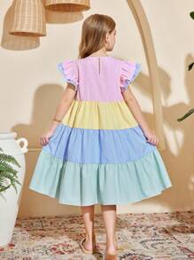 SHEIN Tween Girls Woven Macaron Colorful Striped Color Block Ruffle Hem Cap Sleeve Relaxed Dress, Suitable For Spring Vacation, Spring/Summer, Back To School