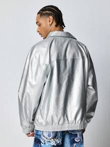 ROMWE MEN Street Life Men's Fashion Metallic Graphic Print Racing Jacket - Silver - View 6