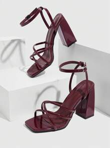 CUCCOO SZL Women's Fashion Burgundy Strappy Block High Heel Sandals, Suitable For Commuting, Dating, Party, Stylish Spring Shoes Spring Break Easter Prom Heels - Burgundy - View 9