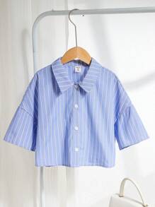 SHEIN Tween 女童超大简约翻领条纹短款宽松落肩短袖休闲衬衫 - 藍色 - 查看 1