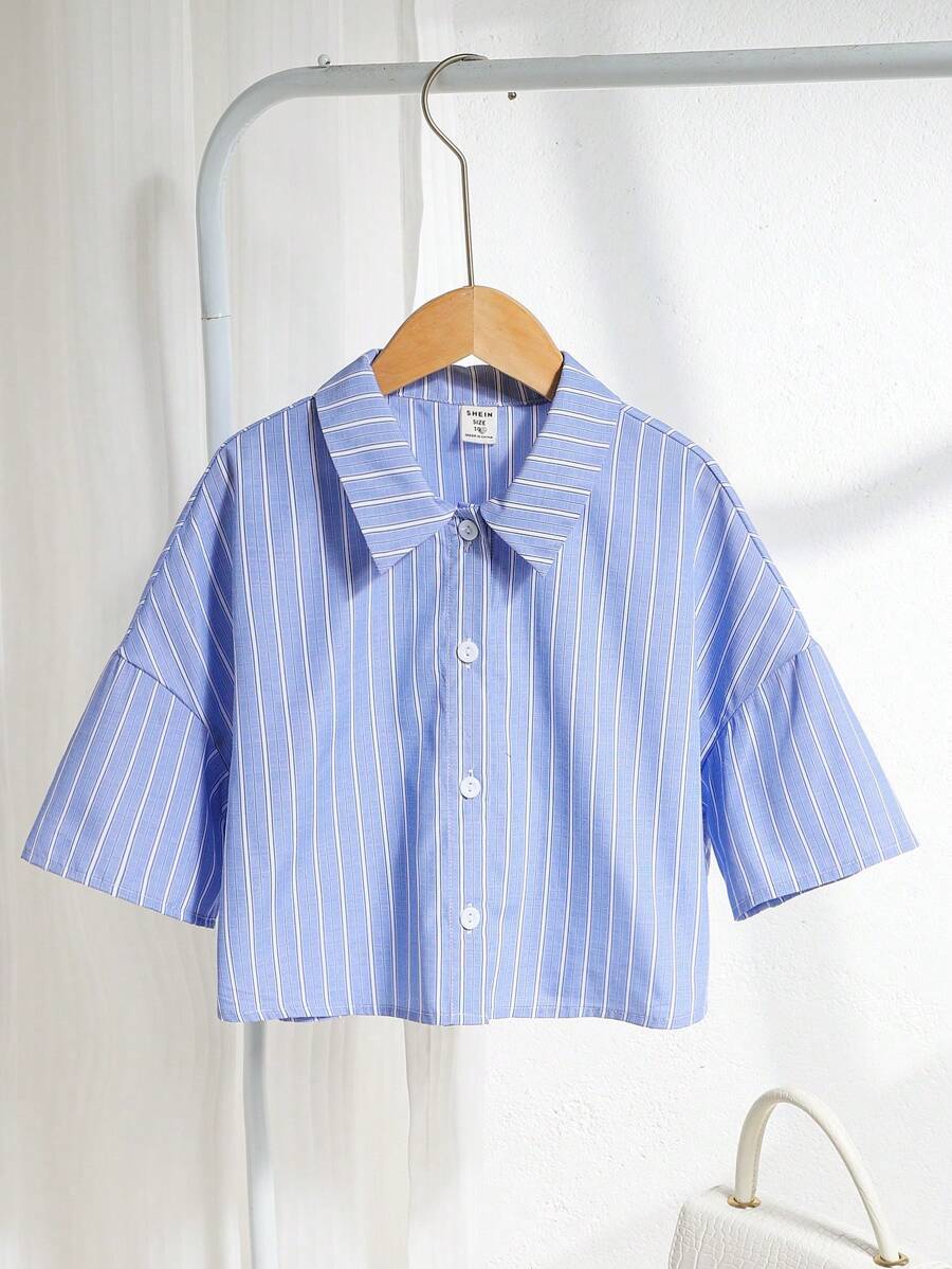 SHEIN Tween 女童超大简约翻领条纹短款宽松落肩短袖休闲衬衫 - 藍色 - 查看 1