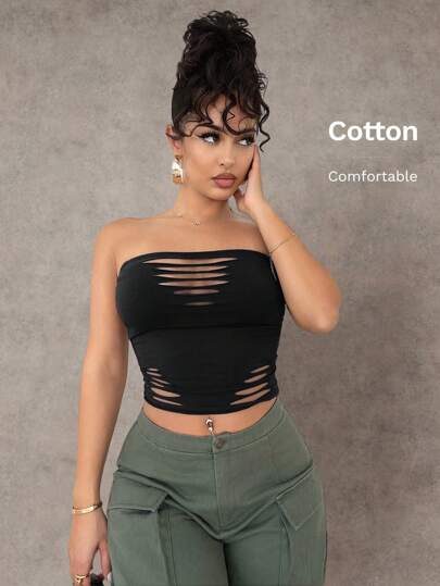 SHEIN BAE Solid Color Cutout Hollowed Out Wasteland Style Tight Gray Bandeau Top For Spring/Summer Daily Wear, Street Wear, Concert Outfit, Festival Clothing, Music Festival Clothing Sexy Women Tops.