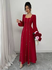 Modelyn 女士优雅珍珠缀饰方领纹理编织连衣裙，春夏