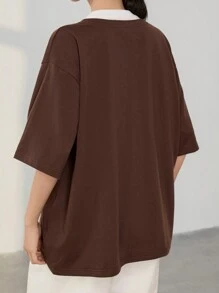 Dazy-Less Loose Business Casual Color Block Short Sleeve T-Shirt For Women Summer Old Money Style Oversized T-Shirt
