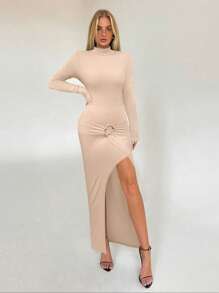 Aloruh Women Solid Color Stand Collar Long Sleeve Split Hem Slim Fit Dress - Apricot - View 3