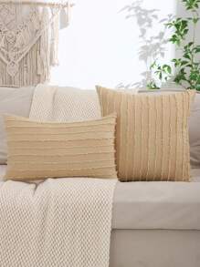 条纹提花枕套，亚麻布，适用于客厅和卧室装饰 - 卡其色 - 查看 2