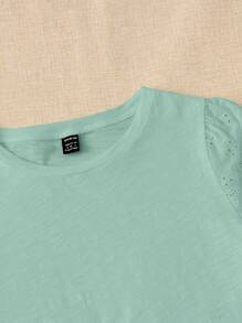 EMERY ROSE Solid Eyelet Embroidery Scallop Trim Tee - Mint Green - View 2