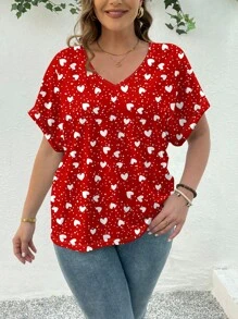 SHEIN Essnce Camiseta holgada de manga corta para mujer de talla grande con gráfico de corazón a lunares, apta para el verano - Blanco - Ver 1