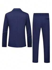 Calvornis Manfinity Bizformal 男士翻领双排扣西装外套和长裤两件套西装套装，男士西装，男士休闲西装，男士正装西装 - 藏蓝色 - 查看 2