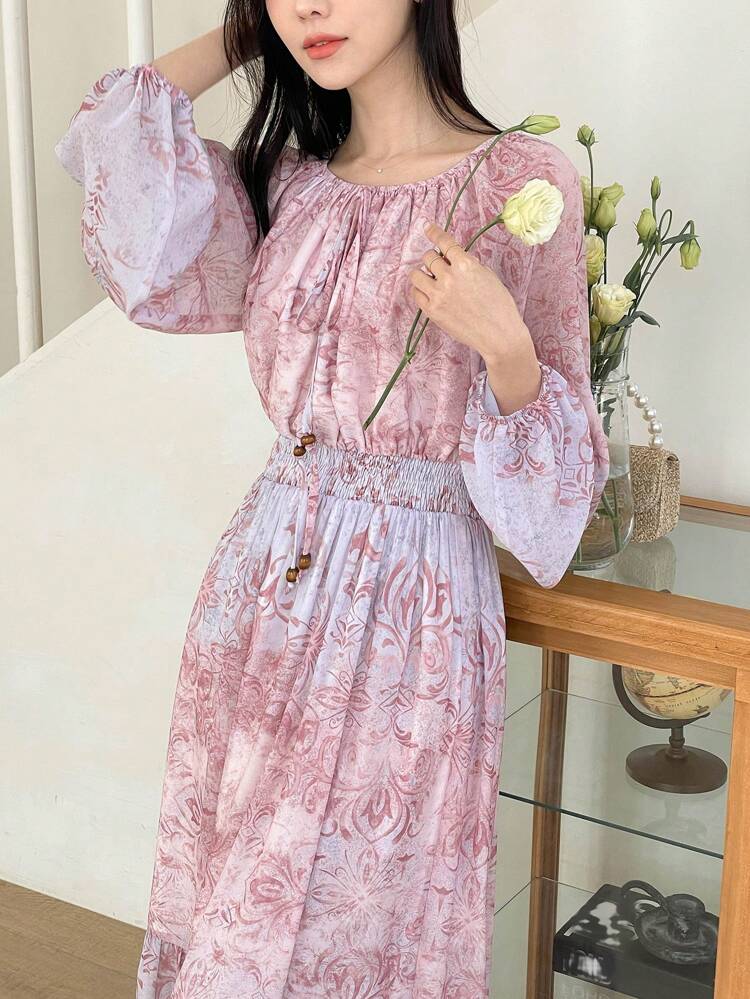 Elegant Chiffon Printed Lantern Sleeve Waist Cinched Dress For Women Boho Floral Dresses For Women