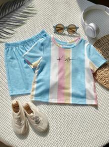 SHEIN 2pcs Baby Boys Casual Cute Raglan Loose Stripe Knit Top T-Shirt And Knit Elastic Waist Shorts 2 Pieces Outfit Set, Suitable For Spring/Summer Indoor And Outdoor Wear