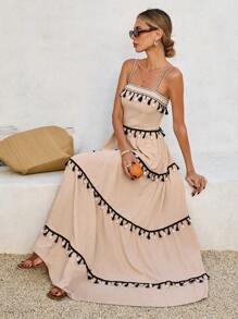 SHEIN VCAY 女士度假拼布流苏肩带超长连衣裙
