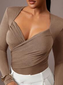 Silquee Women's Solid Color Olive Green Pleated Asymmetric Criss-Cross Long Sleeve Fitted Bodysuit, Stretch Knit, Classic Elegant Office & Casual Wear, Suitable For Autumn/Winter Layering Green Bodysuit Women Bodysuits Long Sleeve Bodysuit Green Body Suit - Khaki - View 8