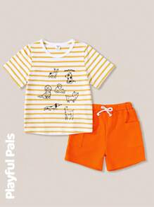 SHEIN 2 peças/conjunto de camiseta e shorts de bolso para meninos, casual, diário, estampa listrada fofa, gola redonda, manga curta, conjunto de verão - Multicolorido - Ver 4