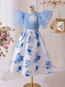 SHEIN Leap Crew Tween Girls 2pcs Set Layered Ruffle Sleeve Blouse & Floral Print Skirt - Blue and White - View 2