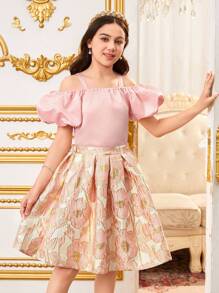 SHEIN Dziewczęcy minimalistyczny, modny, swobodny, odsłonięty top i spódnica, 2 częściowy zestaw - Czarne - Zobacz 5