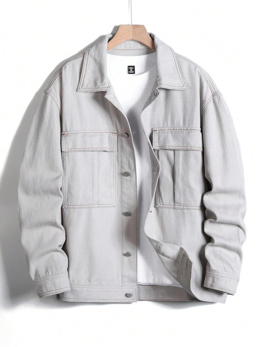 Manfinity Homme Chaqueta vaquera de manga larga con bolsillo utilitario y abotonadura sencilla para hombres de talla grande, otoño