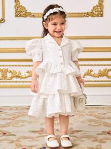 SHEIN Leap Crew Baby Girl Elegant Collared Puff Sleeve Ruffle Hem A-Line Dress - White - View 7