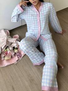 Sweet Bowknot & Plaid Pattern Women Pajama Set - Multicolor - View 3