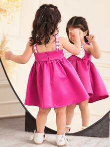 SHEIN Đầm hai dây ren viền bèo nhún phối nơ nhiều màu thanh lịch cho bé gái - Màu Hồng Tươi - Xem 3