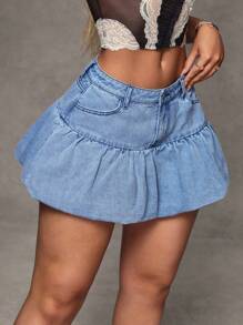 SHEIN BAE Minifalda de jean con bolsillos y bajo con volante para mujer - Azul - Ver 4