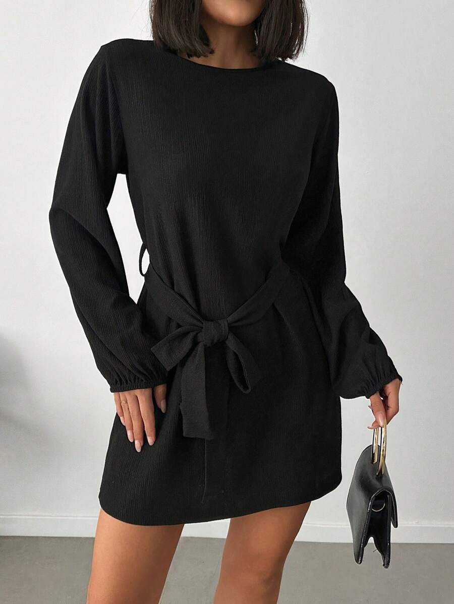 SHEIN PETITE Black Lantern Sleeve Belted Short Dress - Black - View 1