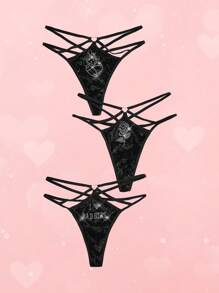 ROMWE 3pcs/Set Gothic Romantic Velvet Rhinestone Rose Heart Letter Thong Panty Set - Black - View 1