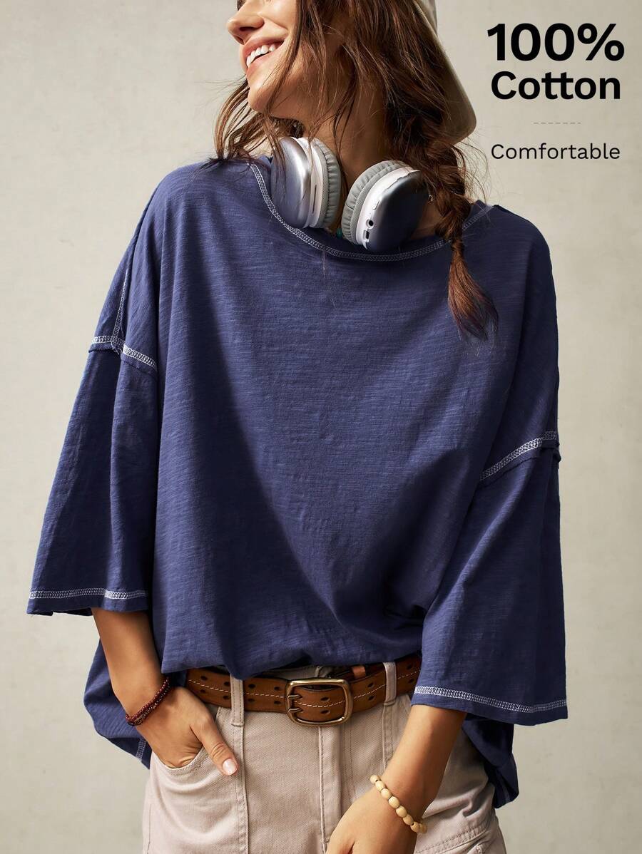 Bohemela 休闲纯色针织圆领 3/4 袖宽松洗水 T 恤 - 藏蓝色 - 查看 1