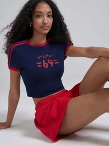 Easelle Baseball  Navy Blue Letter Print Short Sleeve Slim Fit Knit T-Shirt For Women 2025 Summer  Festival - Blue - View 5