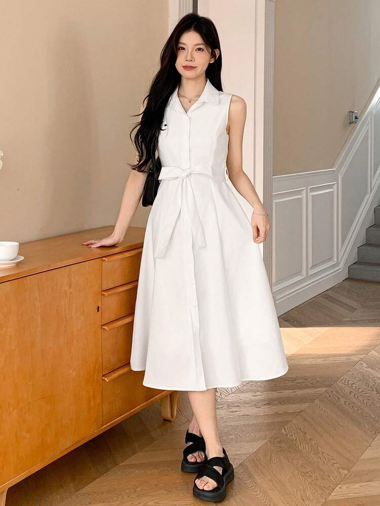 Embroidered Sleeveless Belted Mid-Length Dress For Women Sundress Shirt Dress,Casual Women Dresses