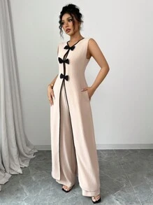 SHEIN Elenzya 2件套女士蝴蝶结装饰无袖加长上衣和女士长裤 - 卡其色 - 查看 4