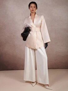 COSMINA 女士纯色 V 领长袖休闲优雅连衣裙 - 杏色 - 查看 4