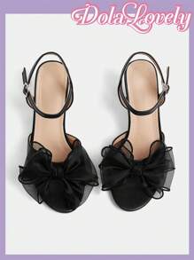 Dola Lovely 女士时尚洛丽塔蝴蝶结珍珠系带丝绸缎婚礼派对白色粗跟凉鞋 - 黑色 - 查看 5