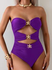 SHEIN Swim Traje de baño de una pieza con diseño de corsé sin mangas de unicolor para mujer, diseño simple ajustado y hueco, ideal para verano y vacaciones en la playa