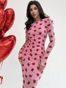Firerie Vestido midi de manga larga de Body con recogido, de tela elástica con estampado floreado romántico y detalles elegantes, ideal para Navidad, Año Nuevo y Día de San Valentín, para otoño/invierno